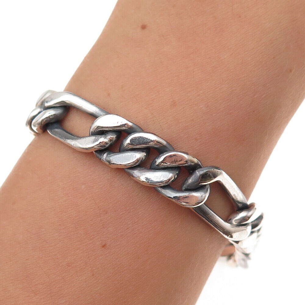 925 Sterling Silver Vintage Figaro Link Oxidized Bracelet 8.25"